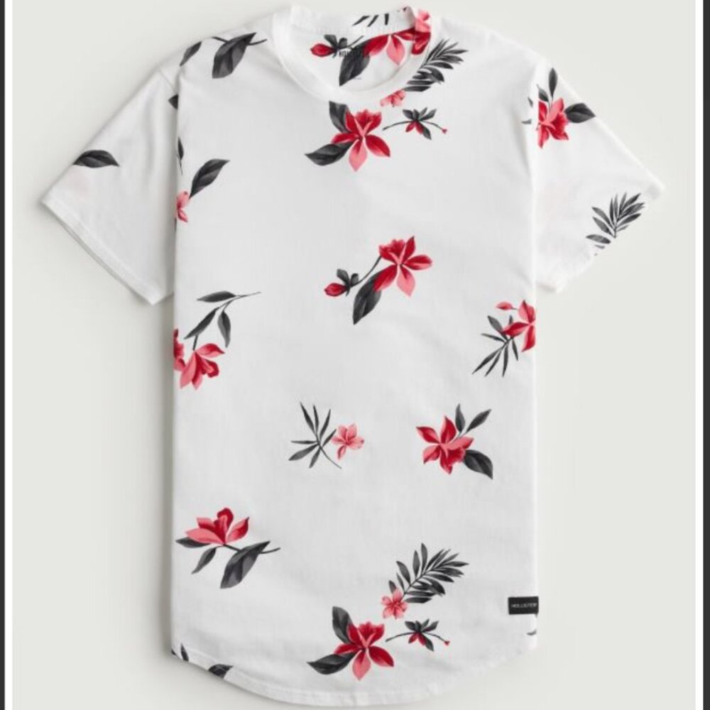 Hollister Men Longline Curved Hem Floral Pattern White Short Sleeve T-Shirt - XS - Picture 1 of 10